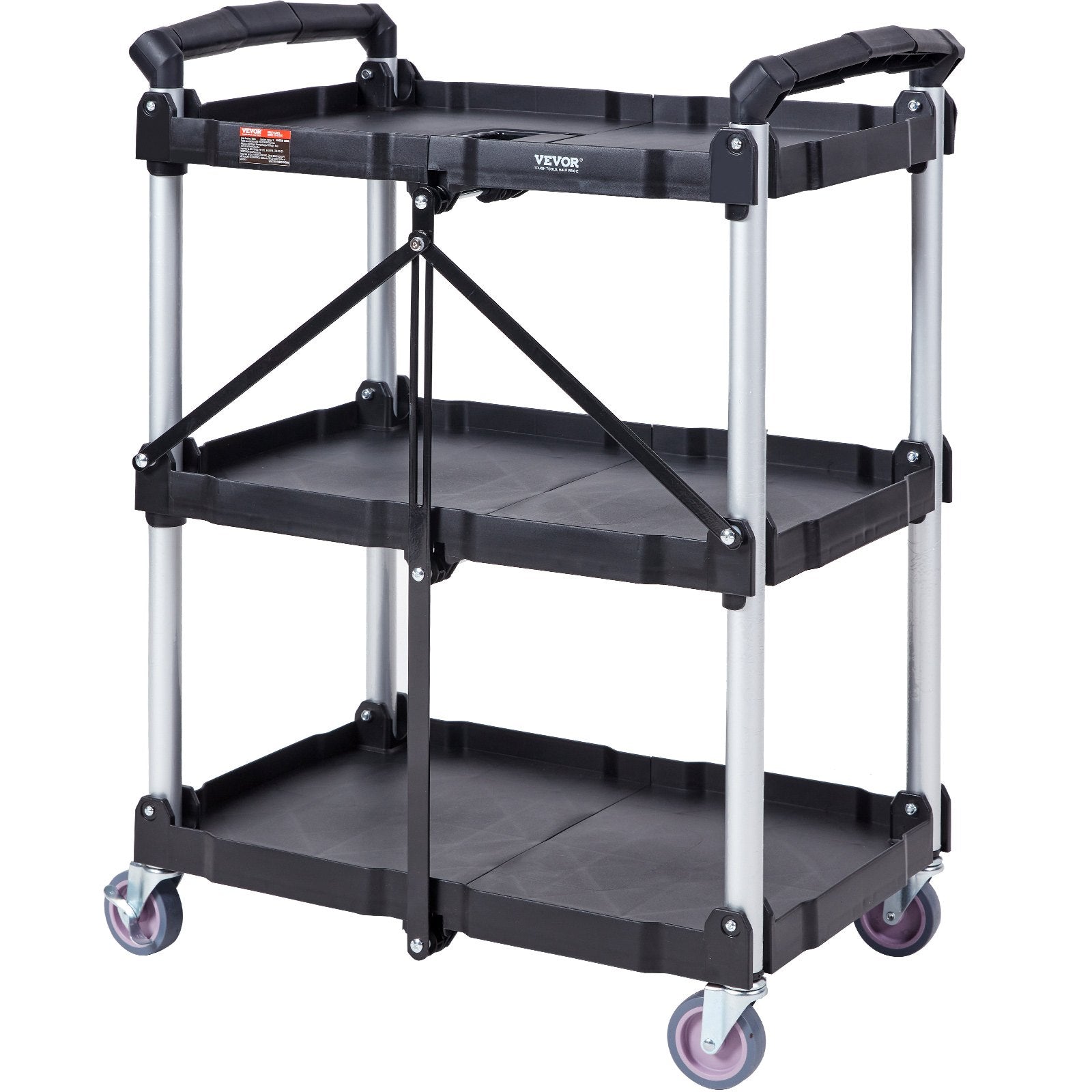 Foldable Utility Service Cart, 3 Shelf 165LBS Heavy Duty Plastic Rolling Cart with Lockable Wheels, Ergonomic V952-SXSYTCSXCDPM3XOD4V0
