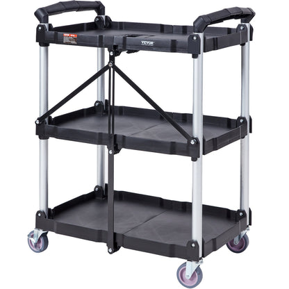 Foldable Utility Service Cart, 3 Shelf 165LBS Heavy Duty Plastic Rolling Cart with Lockable Wheels, Ergonomic V952-SXSYTCSXCDPM3XOD4V0