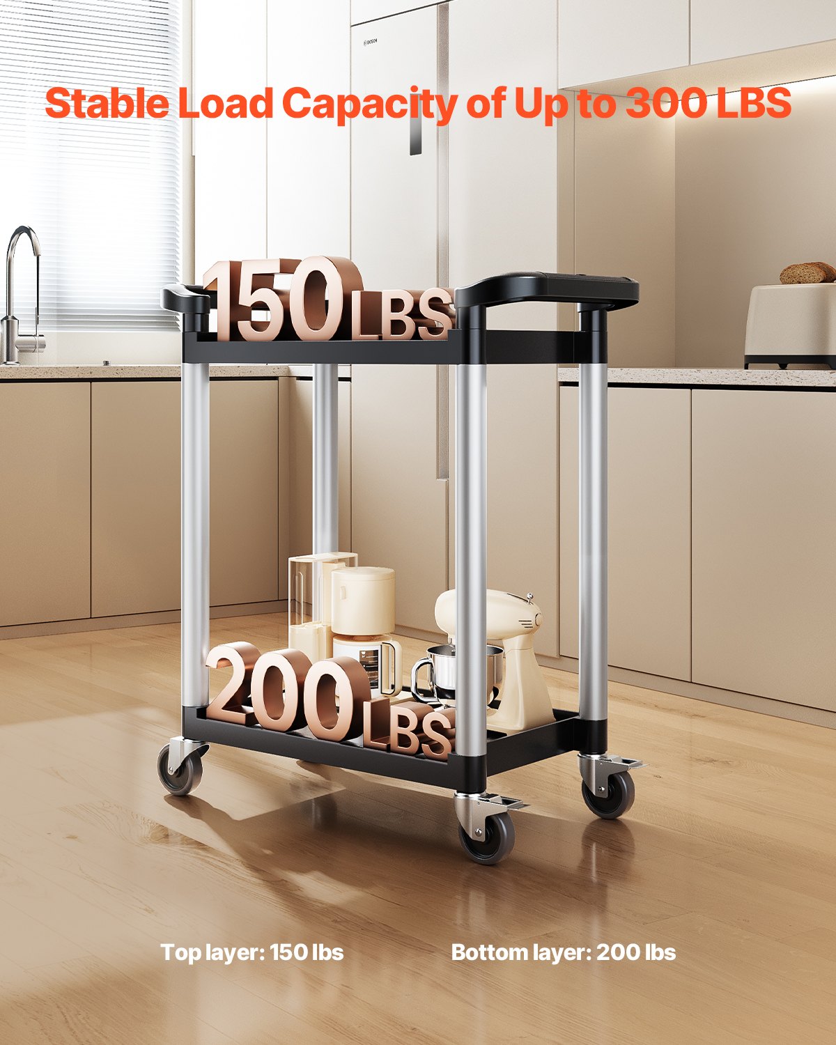 Utility Cart, 300 lbs Load Capacity, 2-tier Utility Plastic Cart with 360 degrees Swivel Wheels (2 with V952-SXSYTCZHHS2CIXC11V0