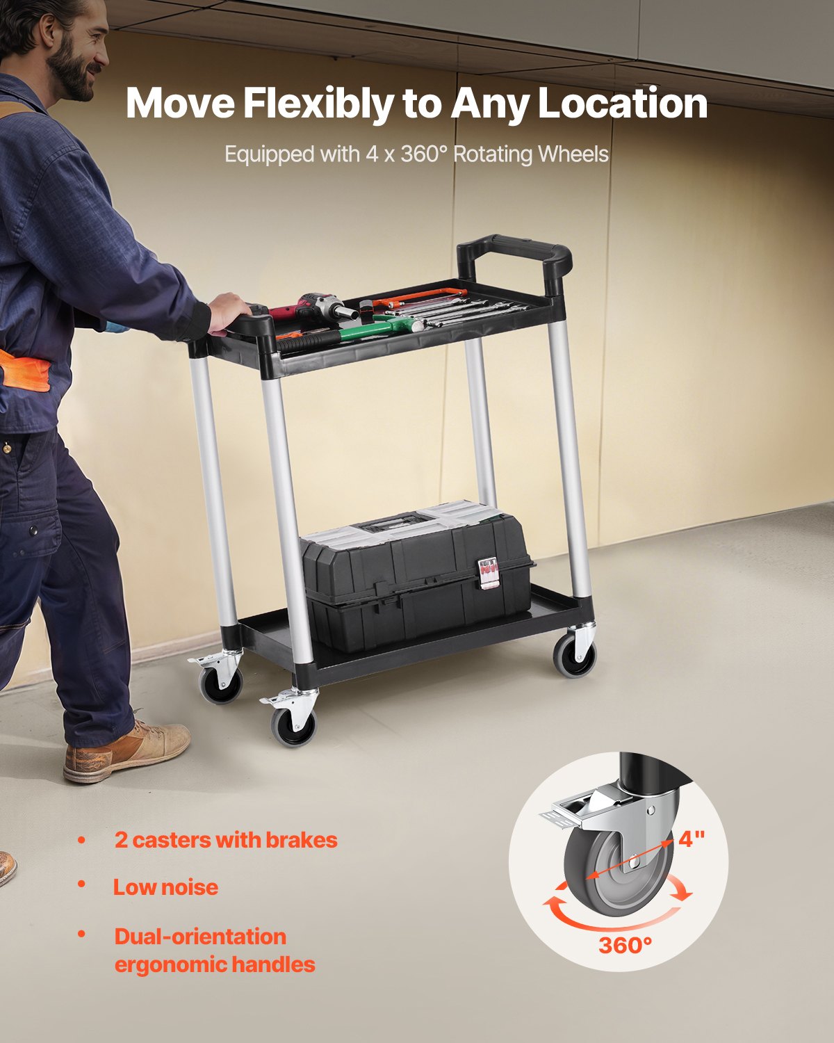 Utility Cart, 300 lbs Load Capacity, 2-tier Utility Plastic Cart with 360 degrees Swivel Wheels (2 with V952-SXSYTCZHHS2CIXC11V0