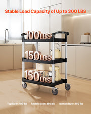 Utility Cart, 300 lbs Load Capacity, 3-tier Utility Plastic Cart with 360 degrees Swivel Wheels (2 with V952-SXSYTCZHHS3C7ALPWV0