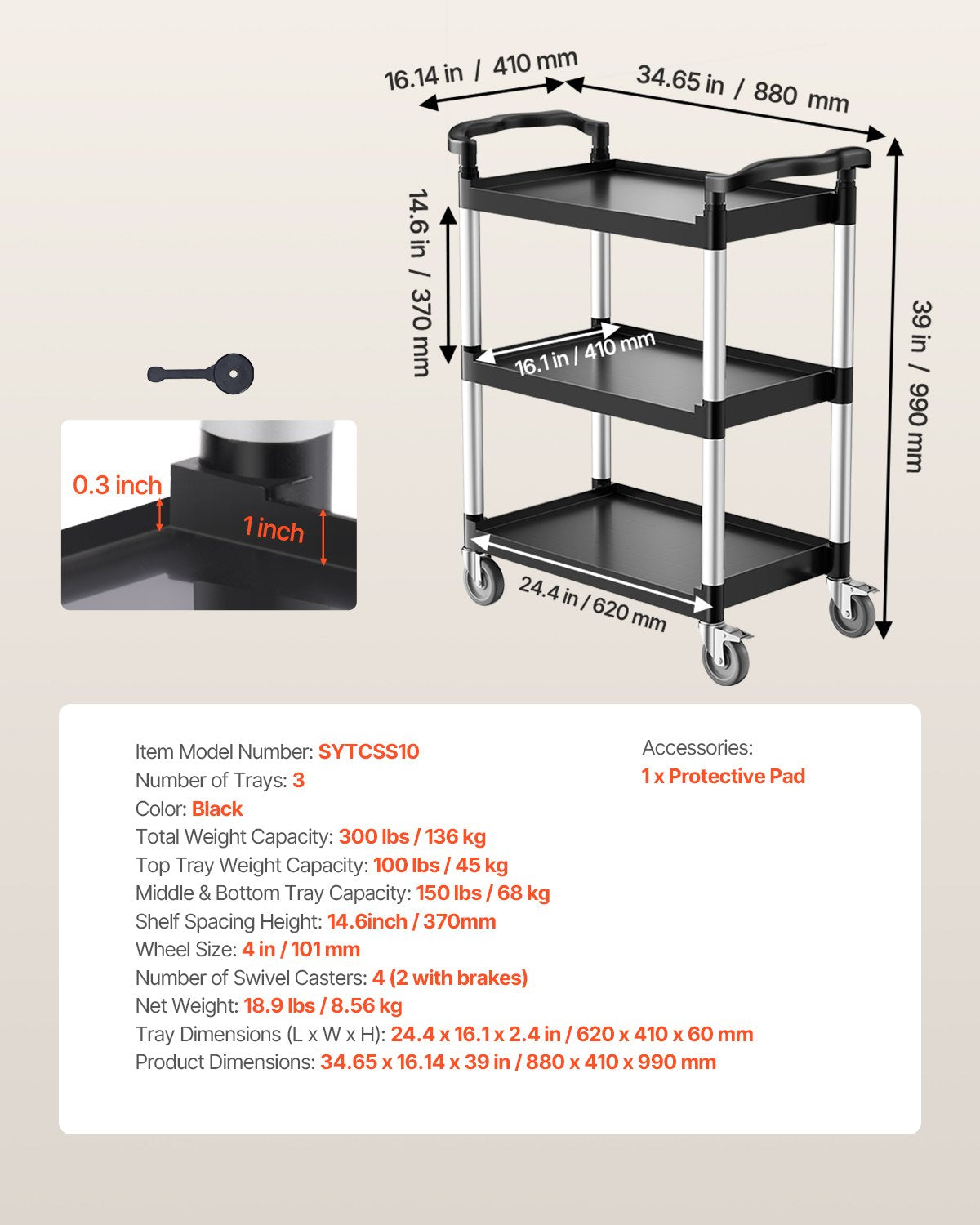 Utility Cart, 300 lbs Load Capacity, 3-tier Utility Plastic Cart with 360 degrees Swivel Wheels (2 with V952-SXSYTCZHHS3C7ALPWV0