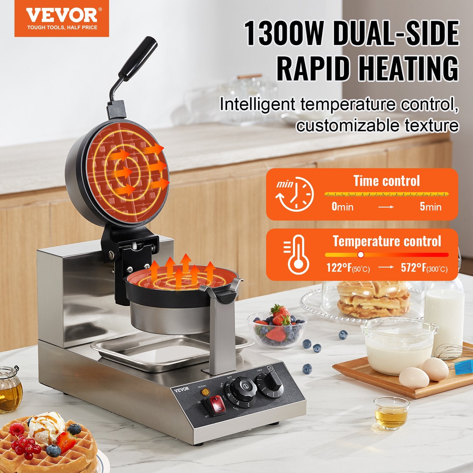 Commercial Waffle Maker, 1300W Round Waffle Baker Machine, Non-Stick Stainless Steel Belgian Waffle Iron, V952-SYBLSHFBJDP1II7A0V3