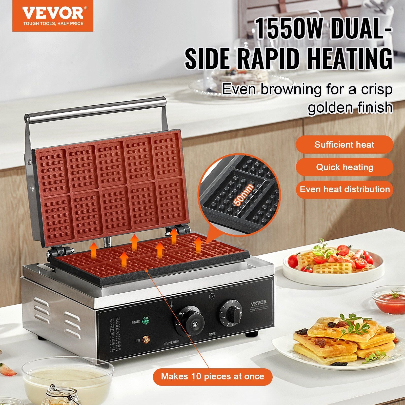 Commercial Waffle Maker, 10PCS Rectangle Waffle Baker Machine, 1550W Non-Stick Stainless Steel Belgian Waffle V952-SYBLSHFBJDP1VHULYV3