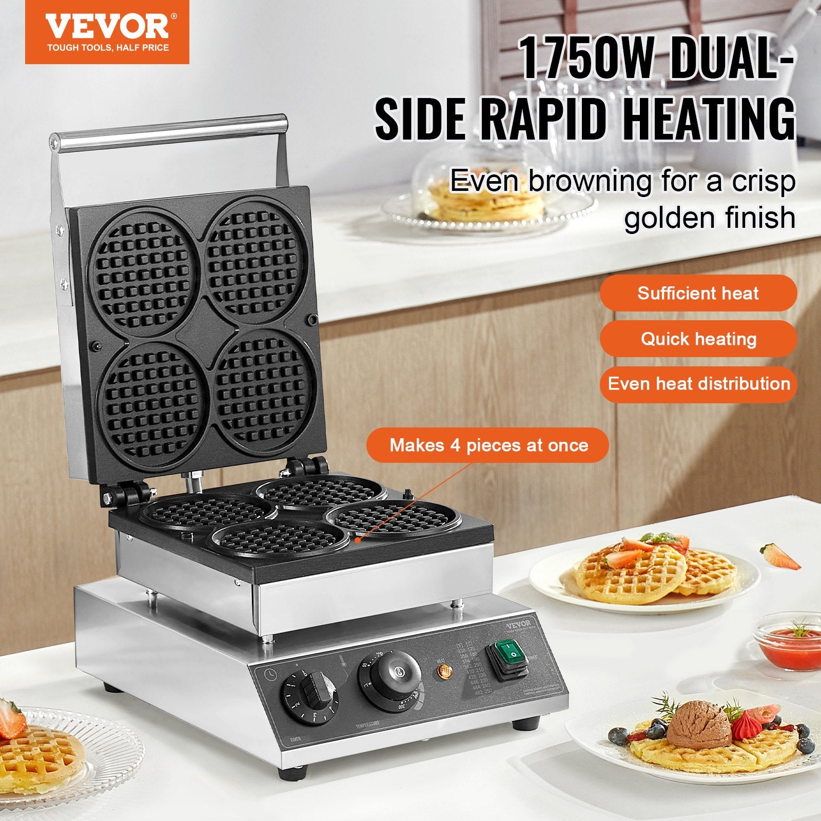 Commercial Waffle Maker, 4PCS Round Waffle Baker Machine,1750W Non-Stick Stainless Steel Belgian Waffle Iron V952-SYBLSHFBJDPF0EHRRV3