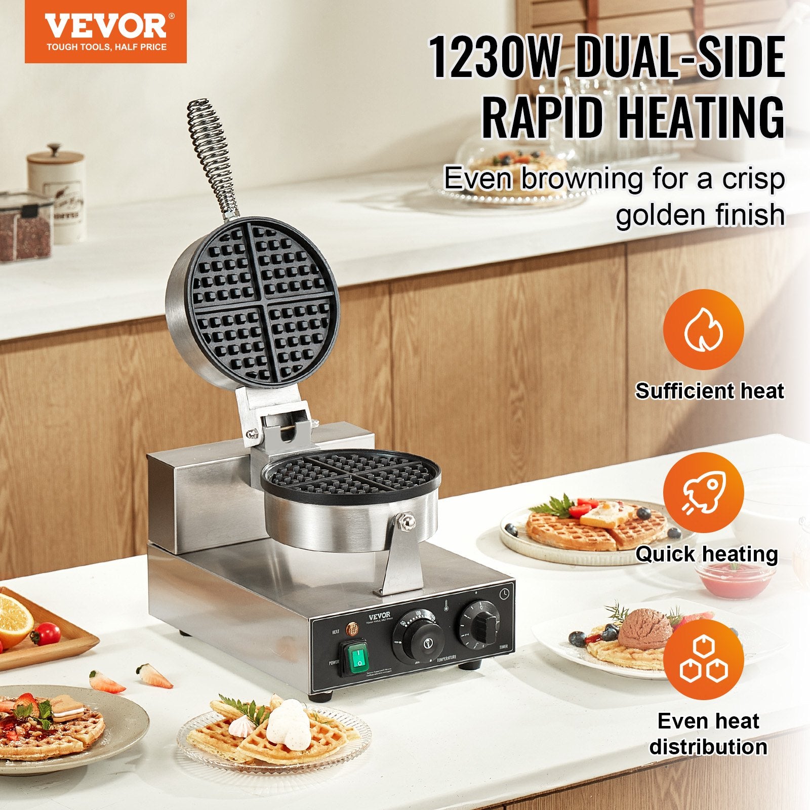 Commercial Waffle Maker, 1230W Round Waffle Baker Machine, Non-Stick Stainless Steel Belgian Waffle Iron with V952-SYBLSHFBJDPFYJ29AV3