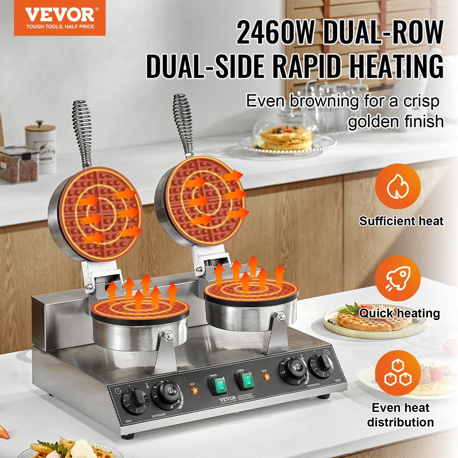 Commercial Waffle Maker, Dual-Head Round Waffle Baker Machine, 2460W Non-Stick Stainless Steel Belgian Waffle V952-SYBLSHFBJZYBC5B6EV3