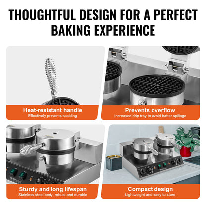 Commercial Waffle Maker, Dual-Head Round Waffle Baker Machine, 2460W Non-Stick Stainless Steel Belgian Waffle V952-SYBLSHFBJZYBC5B6EV3