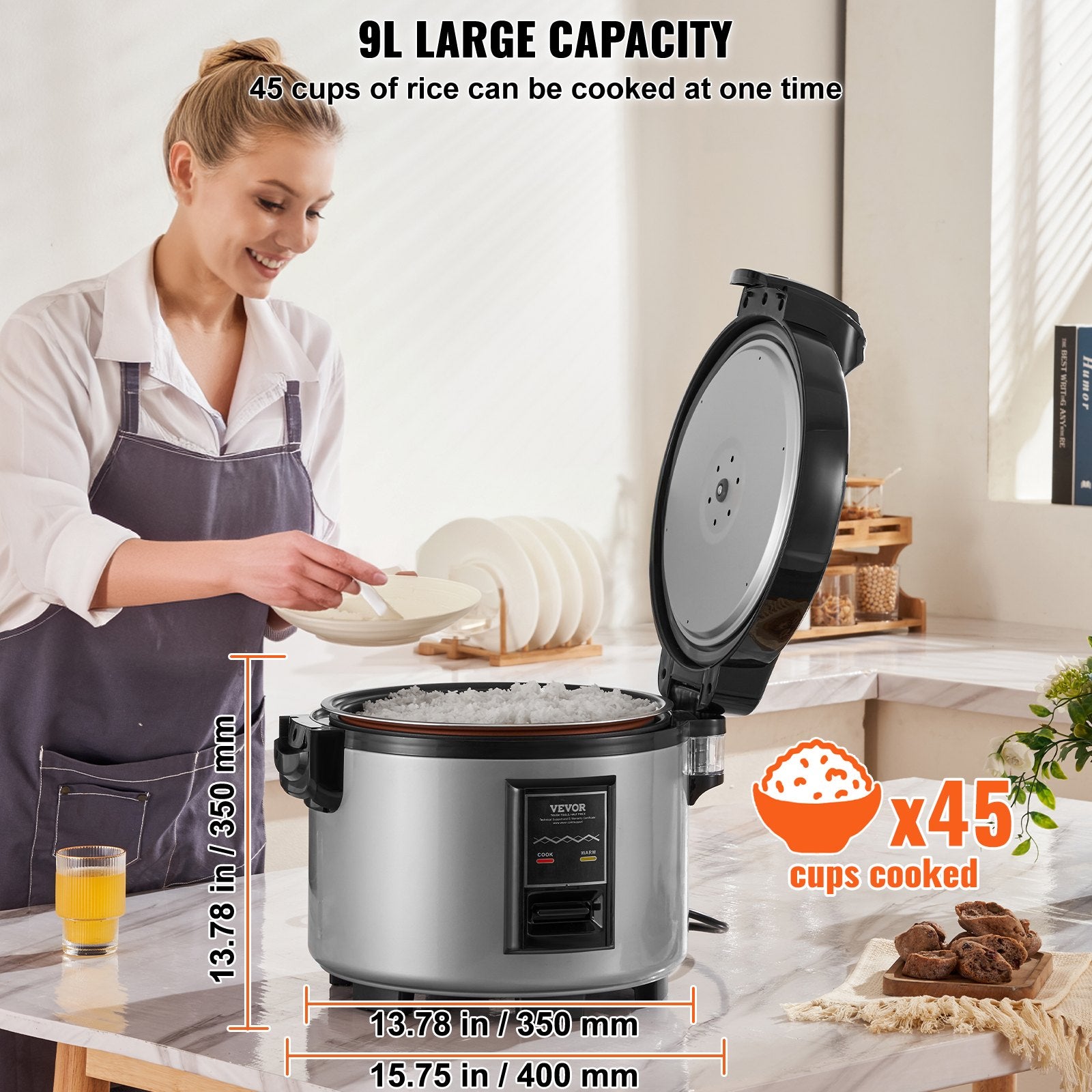 Commercial Rice Cooker, 45-Cup Rice Cooker, 9 Liter Large Rice Cooker and Warmer with Nonstick Inner Pot, V952-SYDFBLGS9LLGGK82YV3