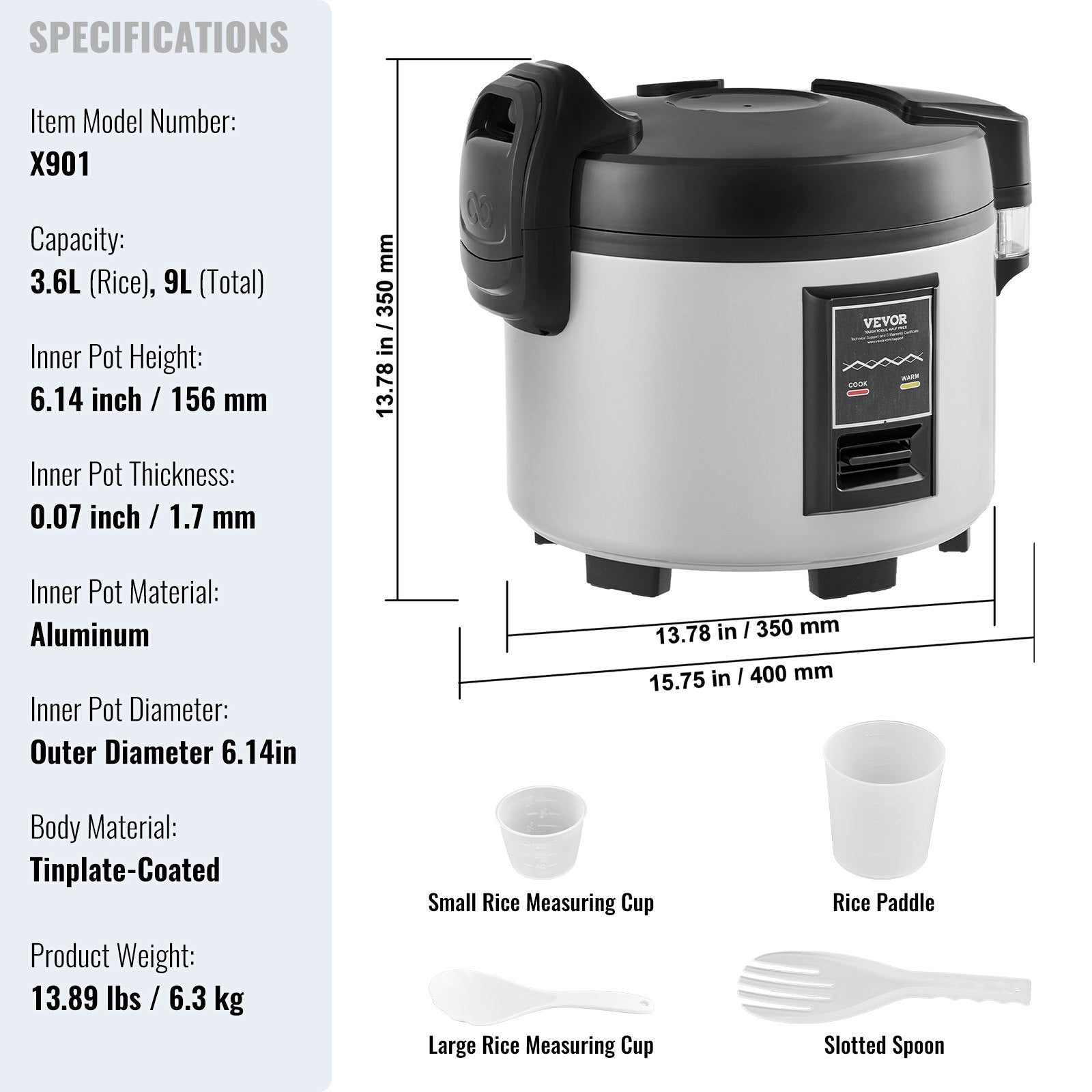 Commercial Rice Cooker, 45-Cup Rice Cooker, 9 Liter Large Rice Cooker and Warmer with Nonstick Inner Pot, V952-SYDFBLGS9LLGGK82YV3