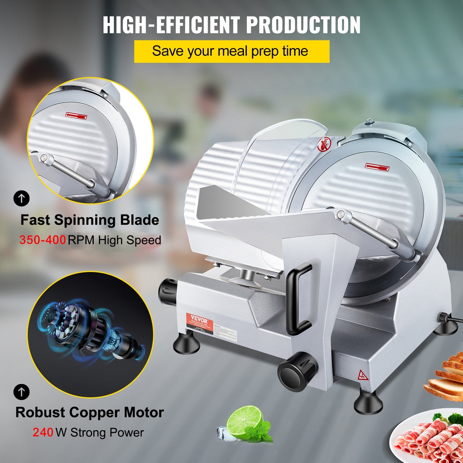 Commercial Meat Slicer, 240W Electric Deli Food Slicer, 10 inch Carbon Steel Blade Electric Food Slicer, V952-SYDRQPJ240W1ZUOPAV3