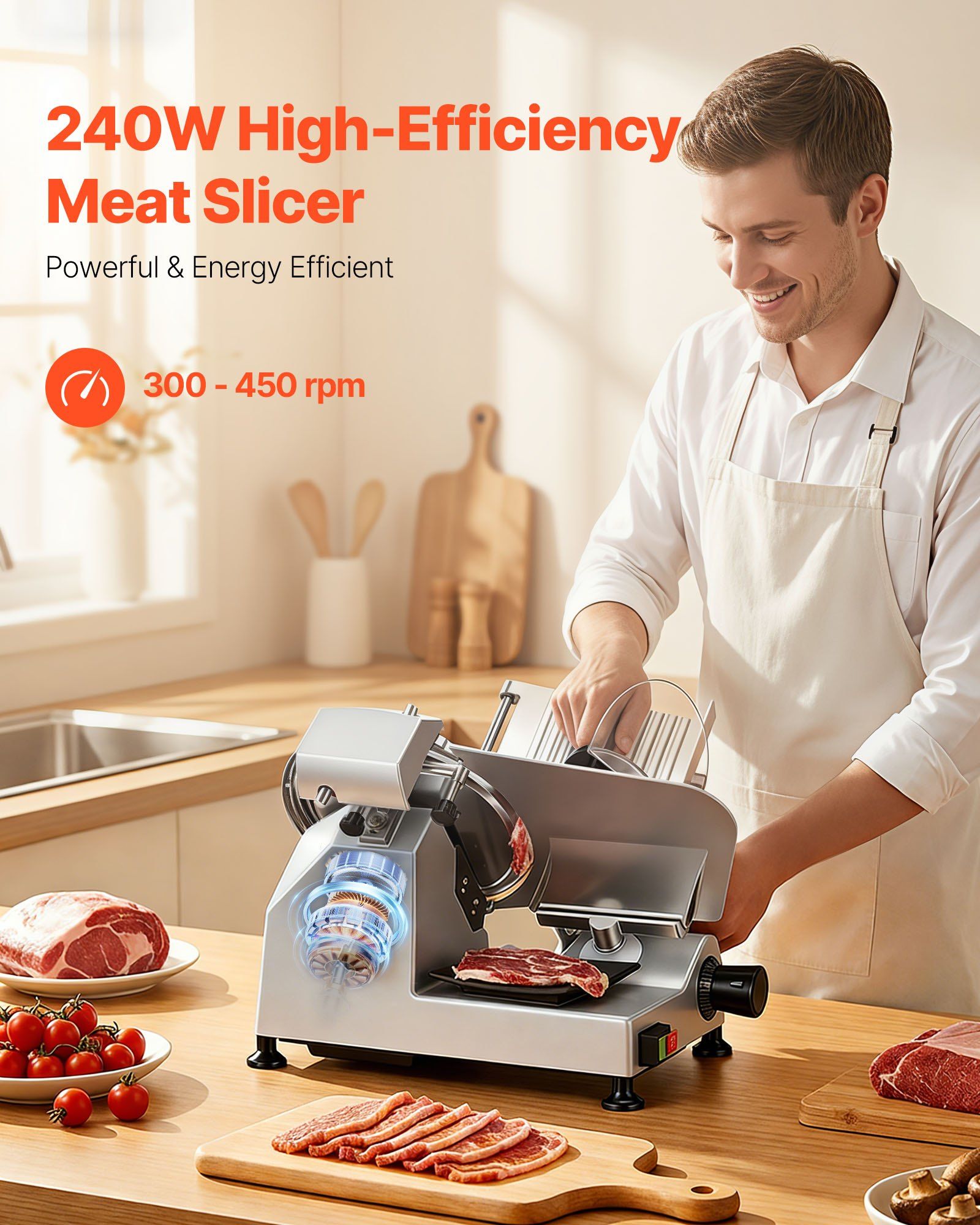 Commercial Meat Slicer, 240W Electric Deli Food Slicer with 250mm Carbon Steel Blade, Built-In Sharpener & V952-SYDRQPJ240WBNE2JB001V3