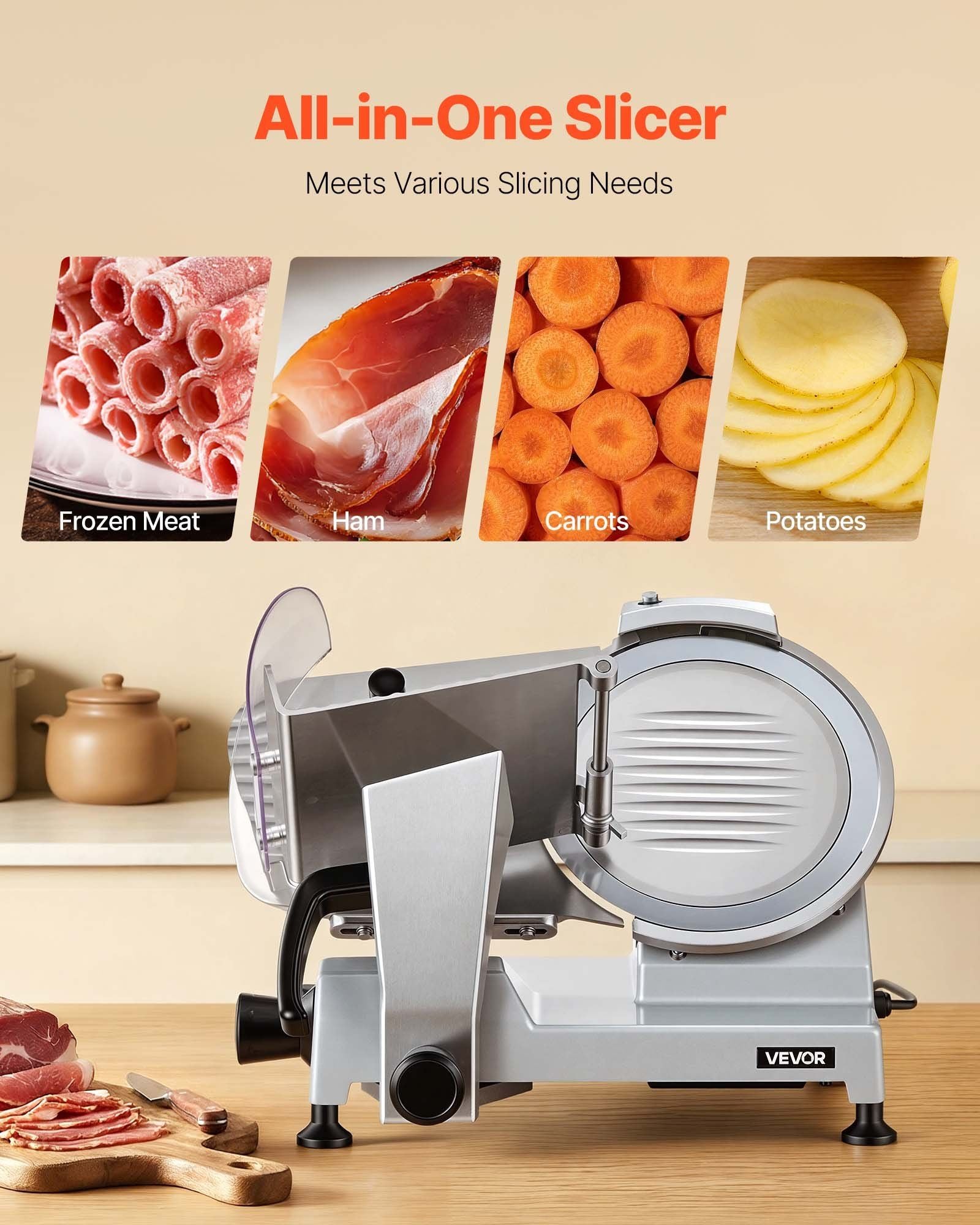Commercial Meat Slicer, 240W Electric Deli Food Slicer with 250mm Carbon Steel Blade, Built-In Sharpener & V952-SYDRQPJ240WBNE2JB001V3