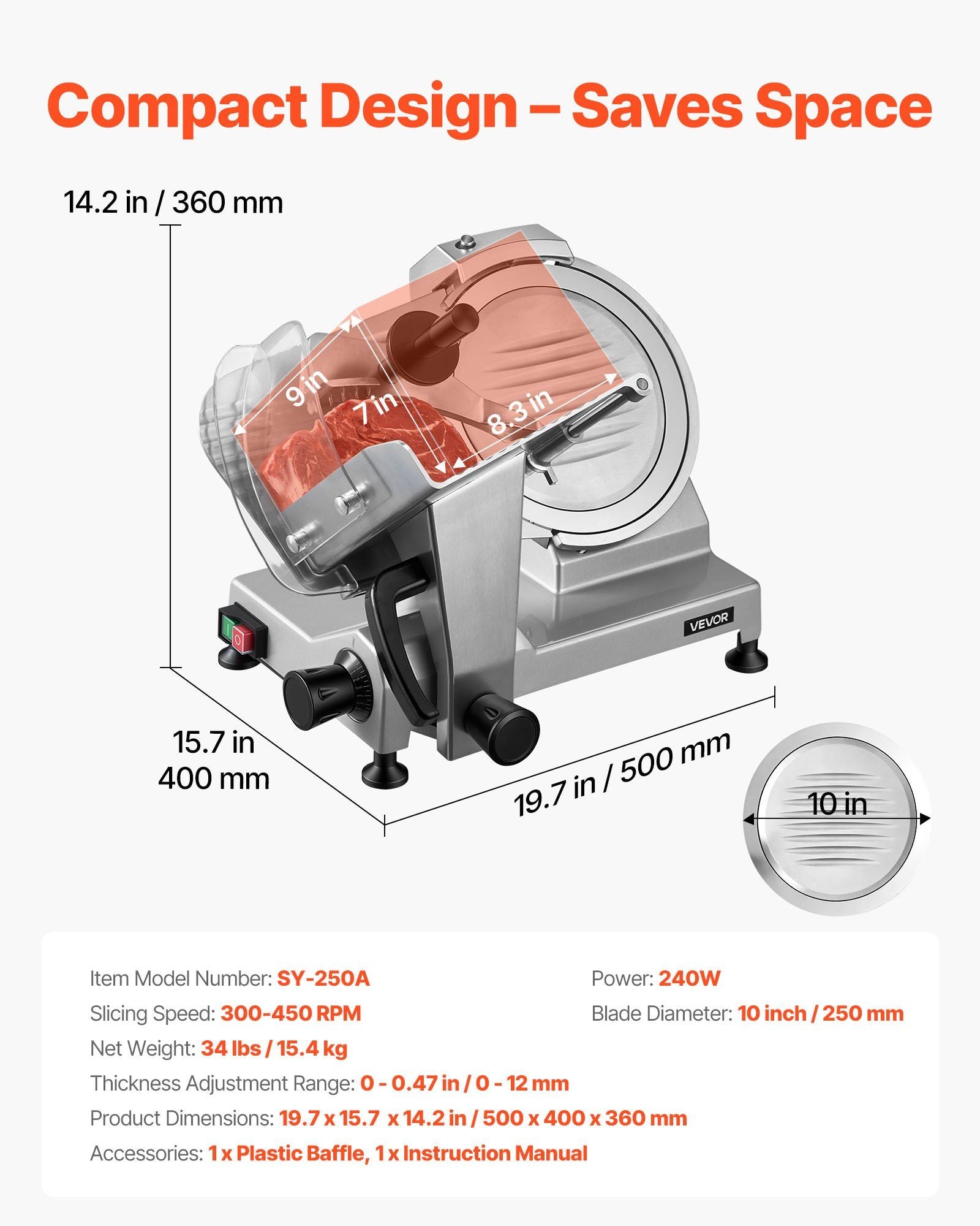 Commercial Meat Slicer, 240W Electric Deli Food Slicer with 250mm Carbon Steel Blade, Built-In Sharpener & V952-SYDRQPJ240WBNE2JB001V3