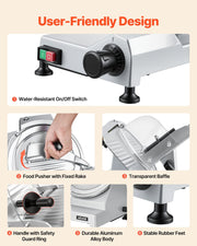 Commercial Meat Slicer, 240W Electric Deli Food Slicer with 250mm Carbon Steel Blade, Built-In Sharpener & V952-SYDRQPJ240WBNE2JB001V3