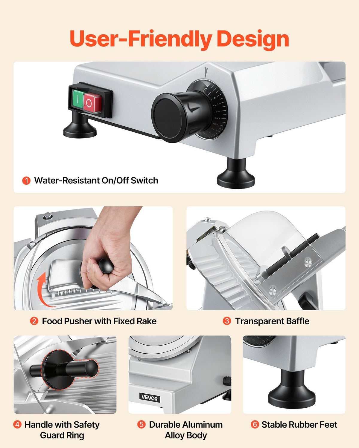 Commercial Meat Slicer, 240W Electric Deli Food Slicer with 250mm Carbon Steel Blade, Built-In Sharpener & V952-SYDRQPJ240WBNE2JB001V3