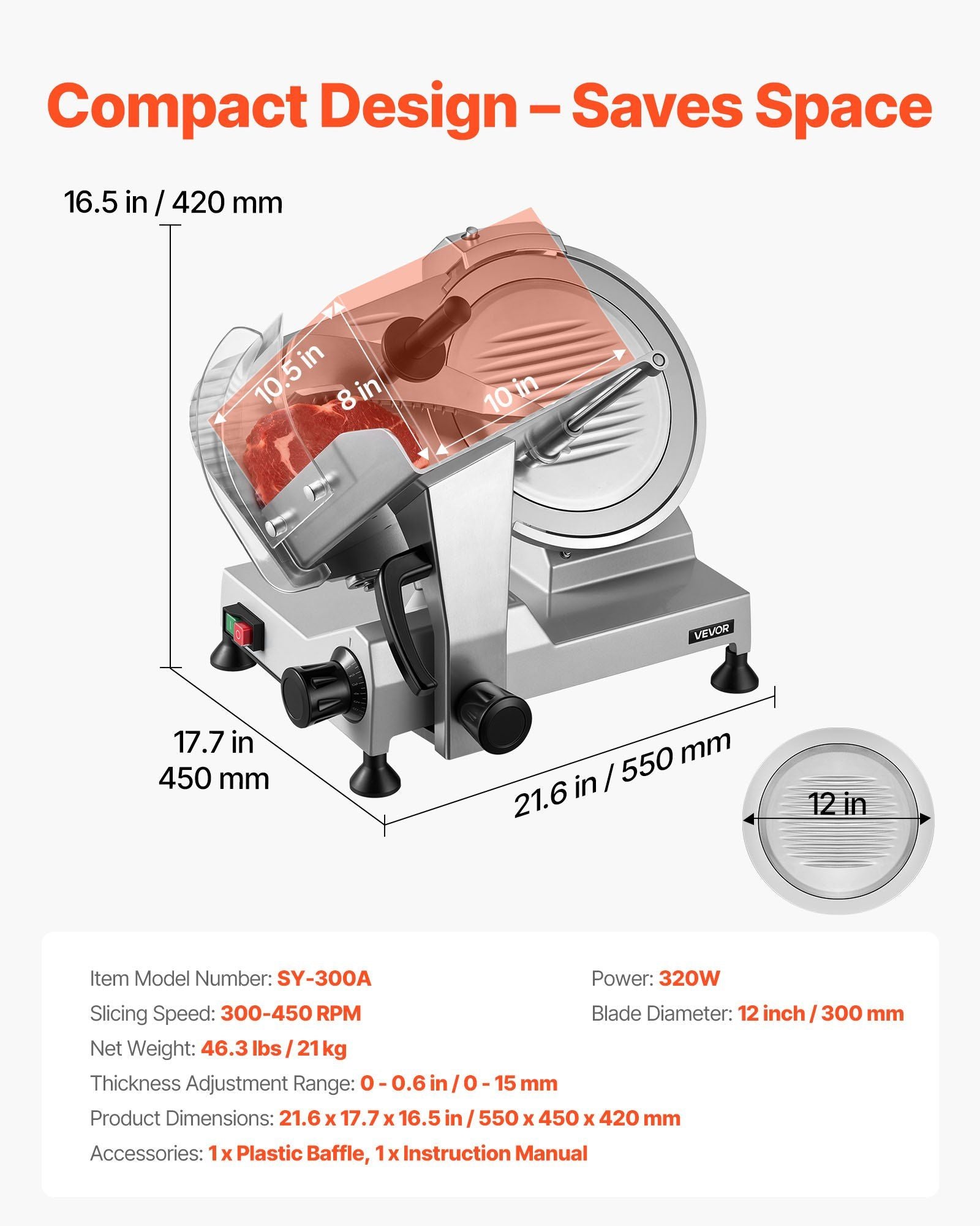 Commercial Meat Slicer, 320W Electric Deli Food Slicer with 300mm Carbon Steel Blade, Built-In Sharpener & V952-SYDRQPJ320WBFUZ7V001V3