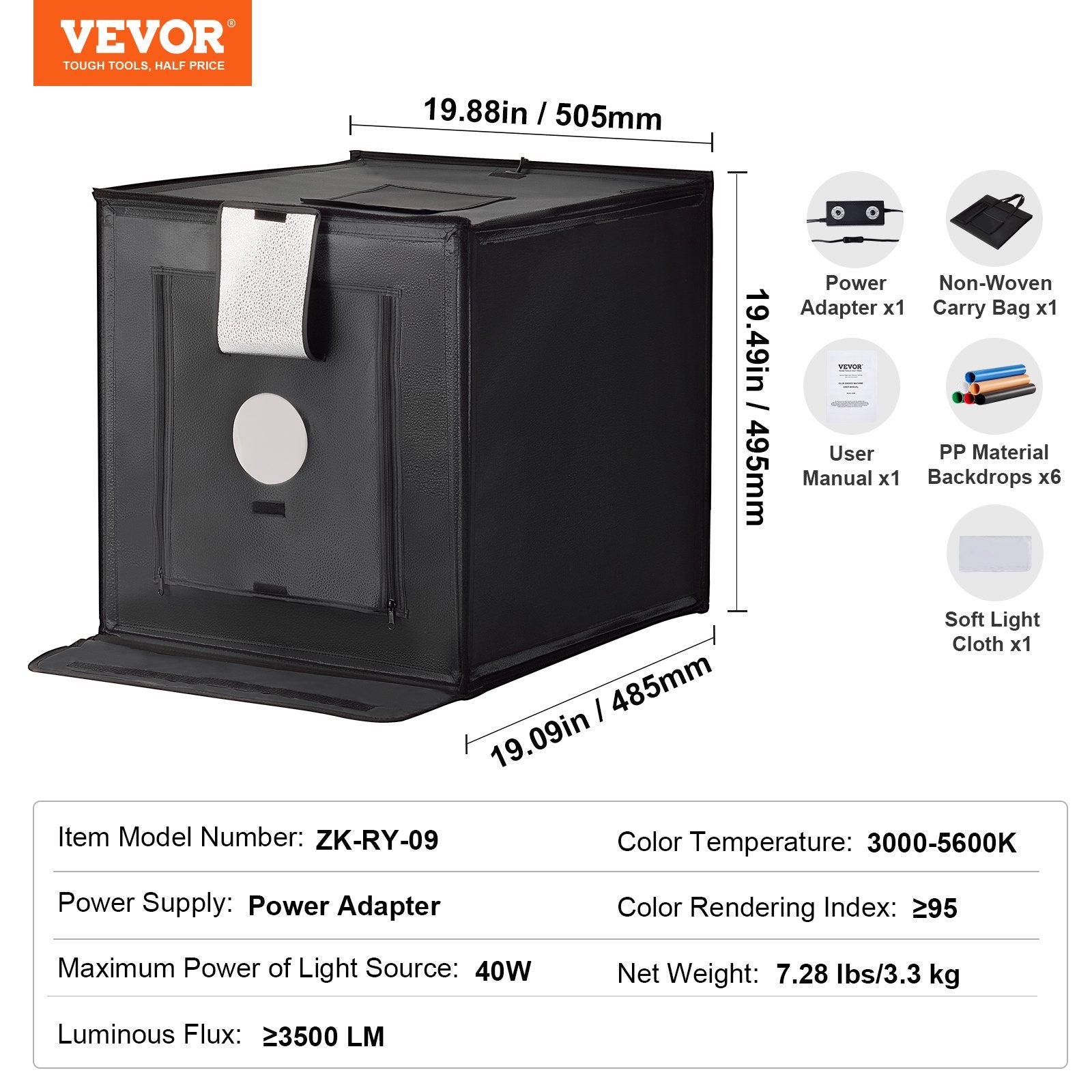 Photo Studio Light Box 3000-5600K Adjustable 3 Color Temperatures, 50.5 x 48.5 x 49.5 cm V952-SYDXNJBH20IN0IEYAV3