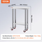Stainless Steel Work Table with Wheels 24 x 12 x 32 Inch Prep Table with 4 Casters Heavy Duty Work Table for V952-SYGZT12X24INDJL01V0
