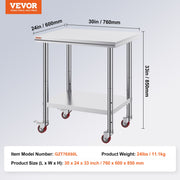 Stainless Steel Work Table with Wheels 24 x 30 Prep Table with casters Heavy Duty Work Table for Commercial V952-SYGZT30X24INDJL01V0