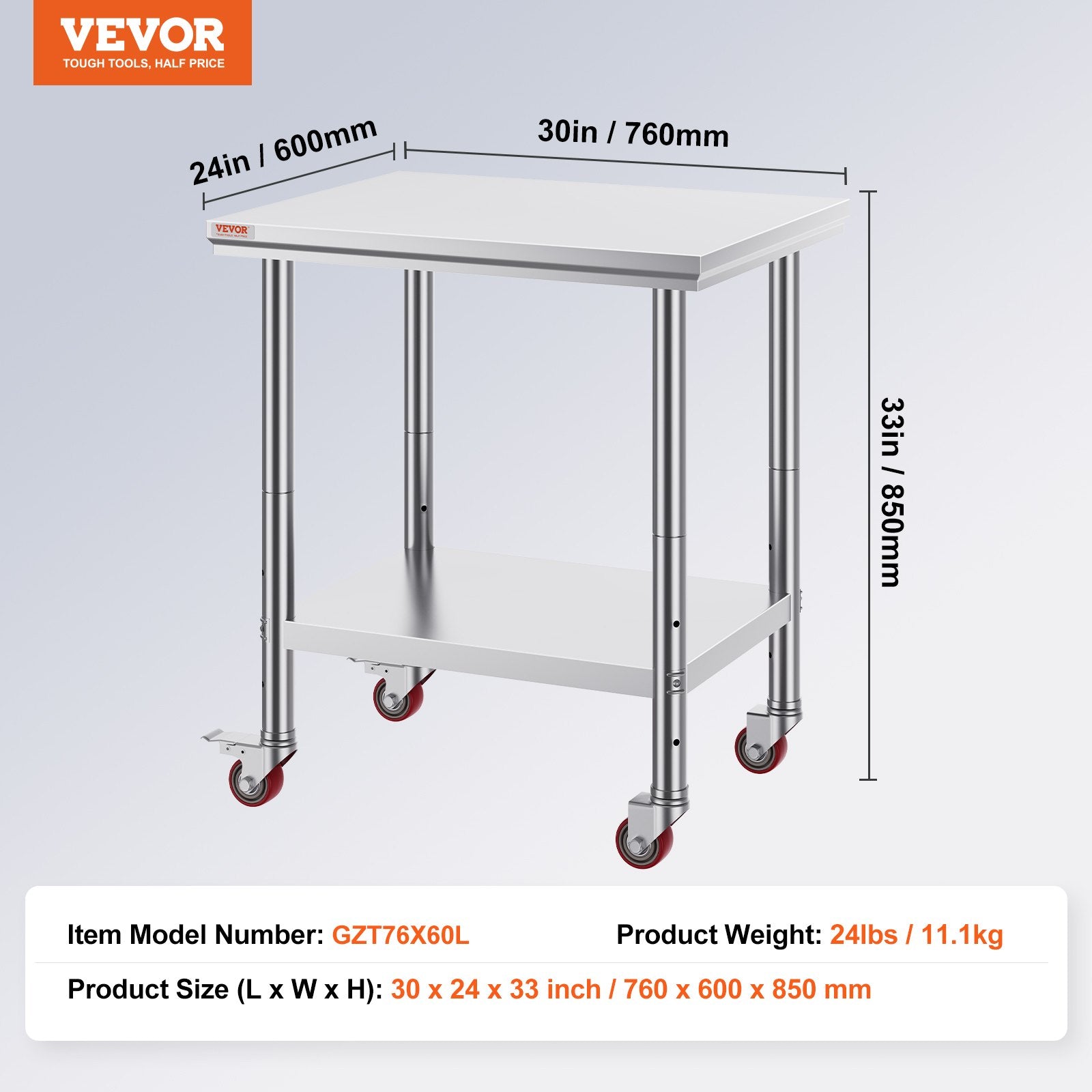 Stainless Steel Work Table with Wheels 24 x 30 Prep Table with casters Heavy Duty Work Table for Commercial V952-SYGZT30X24INDJL01V0