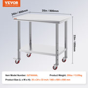 Stainless Steel Work Table 36x24 Inch with 4 Wheels Commercial Food Prep Worktable with Casters Heavy Duty V952-SYGZT36X24INDJL01V0