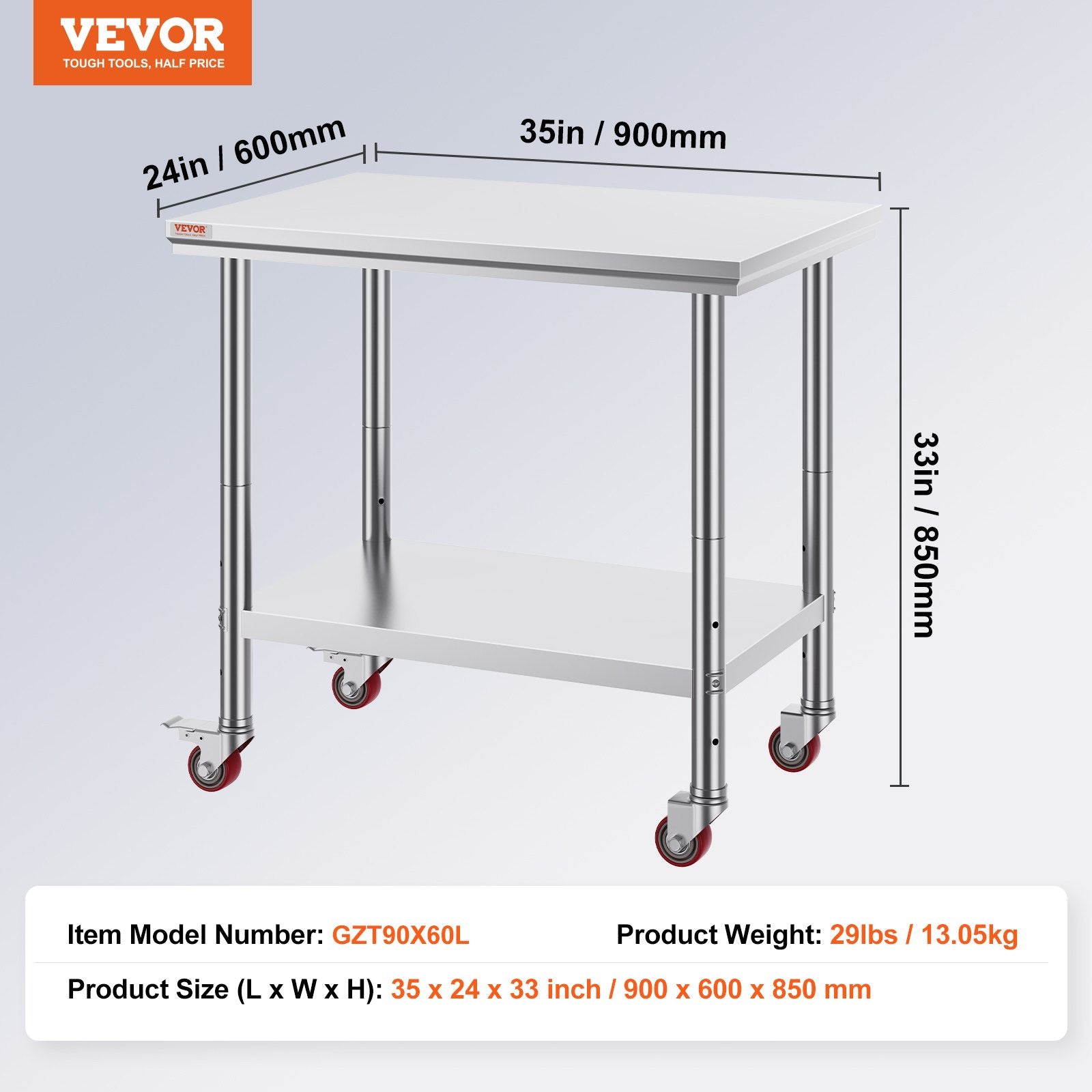 Stainless Steel Work Table 36x24 Inch with 4 Wheels Commercial Food Prep Worktable with Casters Heavy Duty V952-SYGZT36X24INDJL01V0