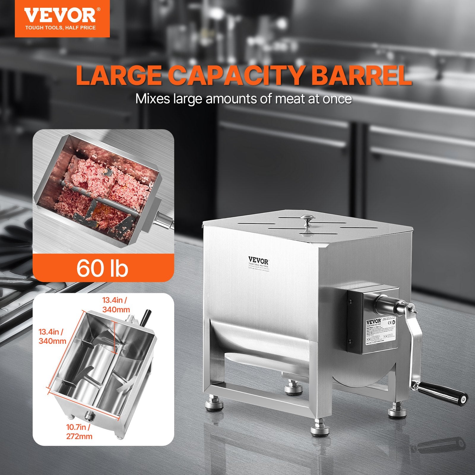 Manual Meat Mixer, 60L Fixed Tank Meat Processing Equipment(Mixing Max 60LBS for Meat), Stainless Steel Meat V952-SYRLJBJBKQXK8RH6N001V0