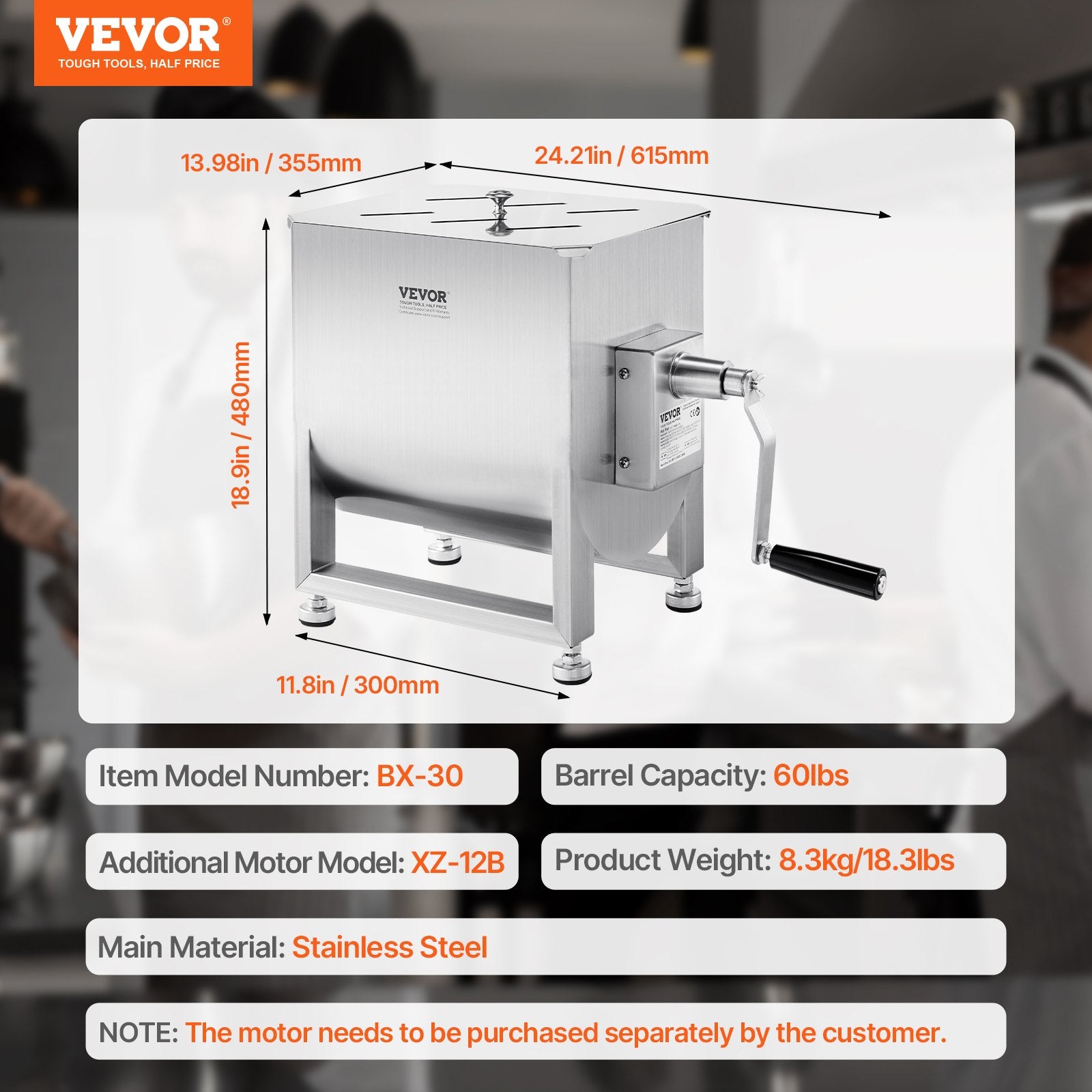 Manual Meat Mixer, 60L Fixed Tank Meat Processing Equipment(Mixing Max 60LBS for Meat), Stainless Steel Meat V952-SYRLJBJBKQXK8RH6N001V0