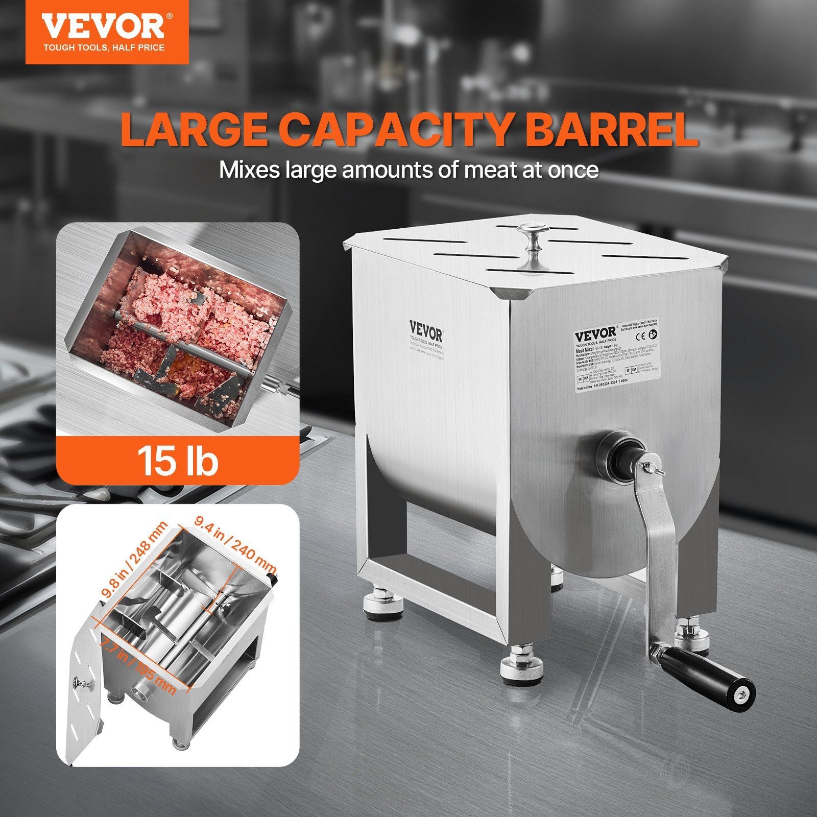 Manual Meat Mixer, 15L Fixed Tank Meat Processing Equipment(Mixing Maximum 15LBS for Meat), Stainless Steel V952-SYRLJBJBKQXKG26A7001V0
