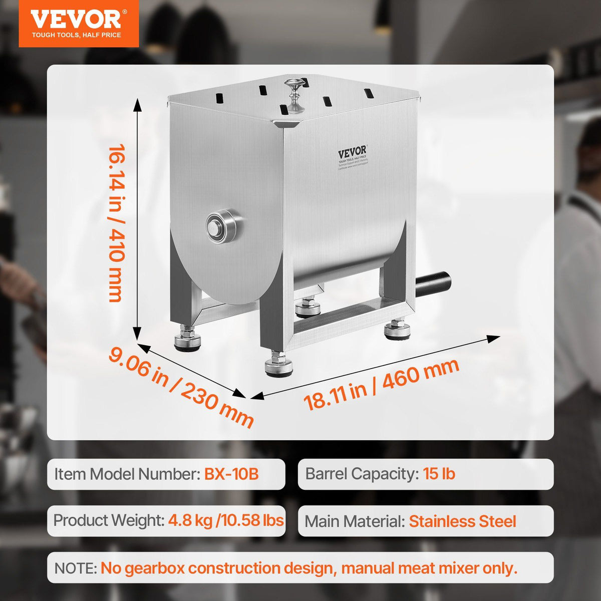 Manual Meat Mixer, 15L Fixed Tank Meat Processing Equipment(Mixing Maximum 15LBS for Meat), Stainless Steel V952-SYRLJBJBKQXKG26A7001V0