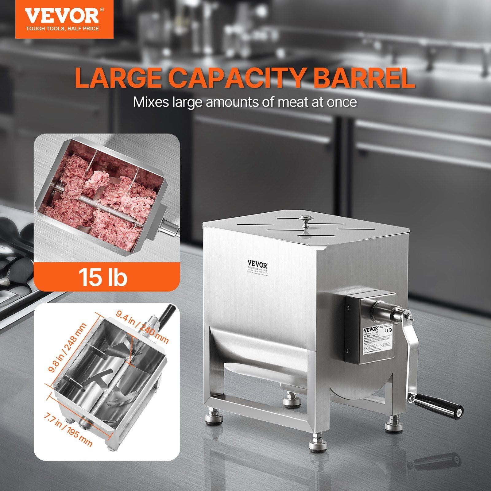 Manual Meat Mixer, 10L Fixed Tank Meat Processing Equipment(Mixing Max 15LBS for Meats), Stainless Steel V952-SYRLJBJBKQXKXAJIU001V0