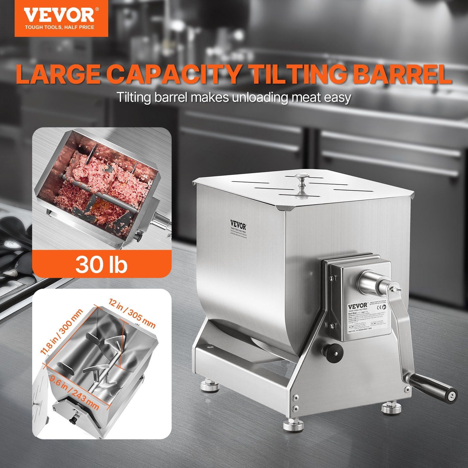Manual Meat Mixer, 30L Tilt Tank Meat Processing Equipment(Mixing Max 30LBS for Meat), Stainless Steel Meat V952-SYRLJBJKQXK2VX73T001V0