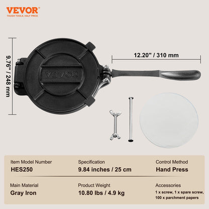 Tortilla Press, 250mm Tortilla and Roti Maker, Cast Iron Heavy Duty Tortilladora Press, Pre-Seasoned V952-SYSBBY10YCZTXI1RSV0