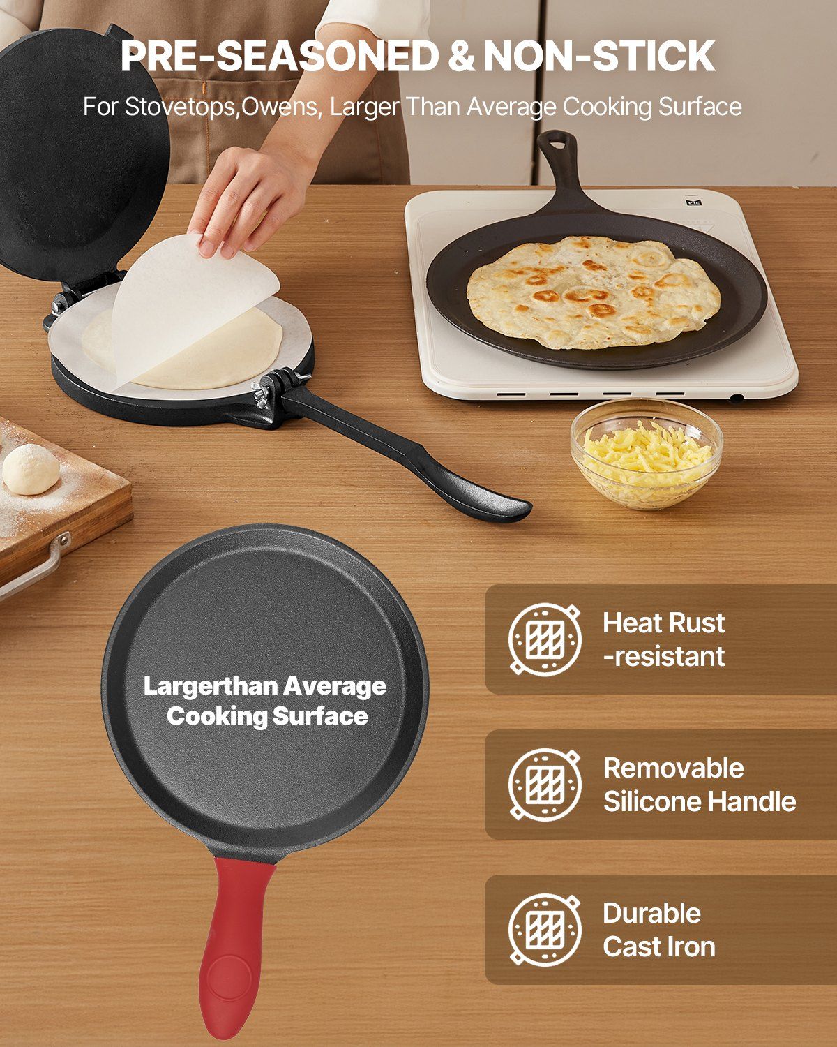 Tortilla Press, 250mm Cast Iron Tortilla and Roti Maker, Heavy Duty Tortilladora Press, Pataconera Makers V952-SYSBBYZTSD10PCND5001V0