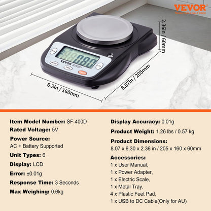 Analytical Balance Lab Scale 600g x 0.01g 6 Units Conversion Electronic V952-SYSCHTP001G0QUY4VV3