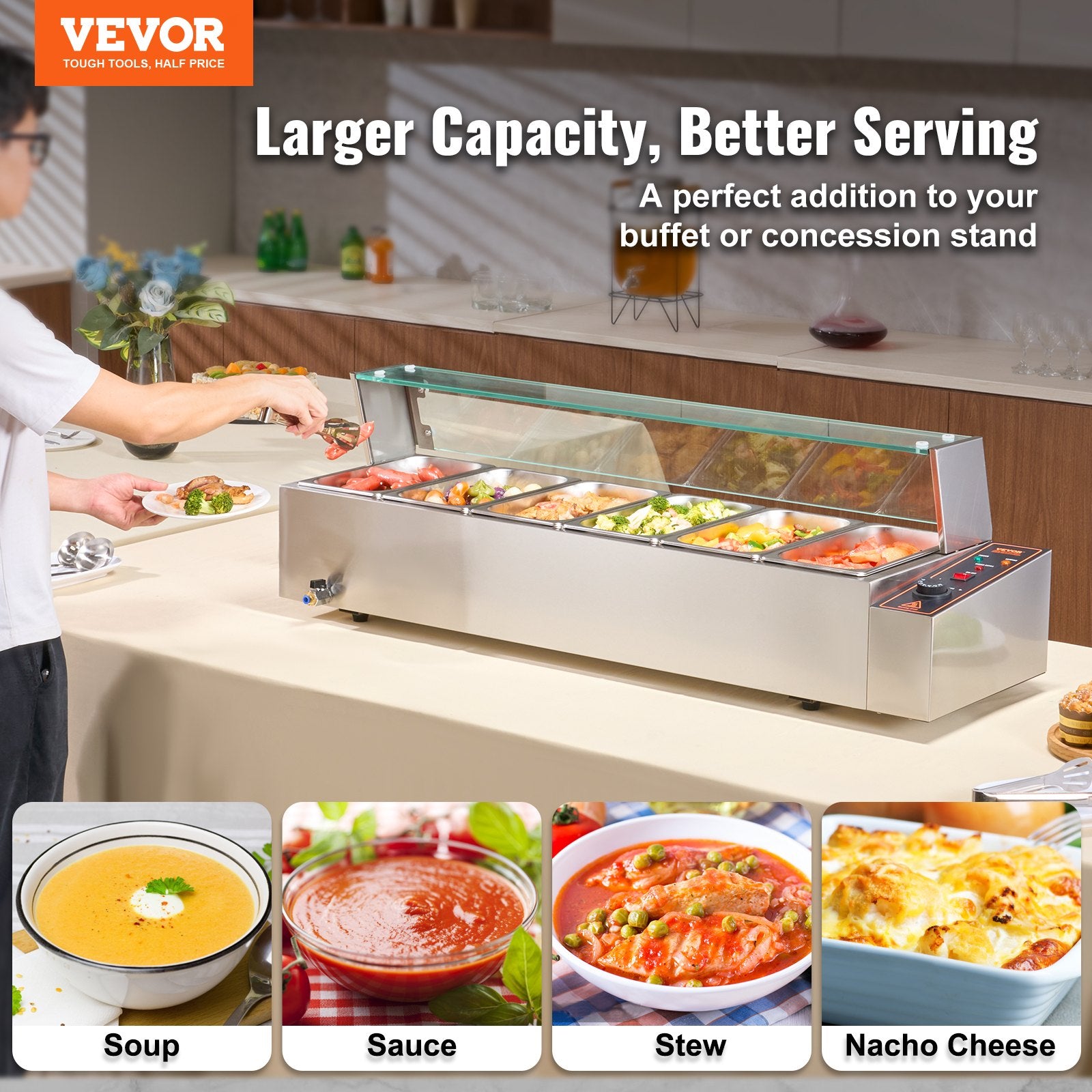 Commercial Electric Food Warmer Countertop Buffet 6*5Qt with Glass Shield V952-SYSPBWQ613FSC97P0V3