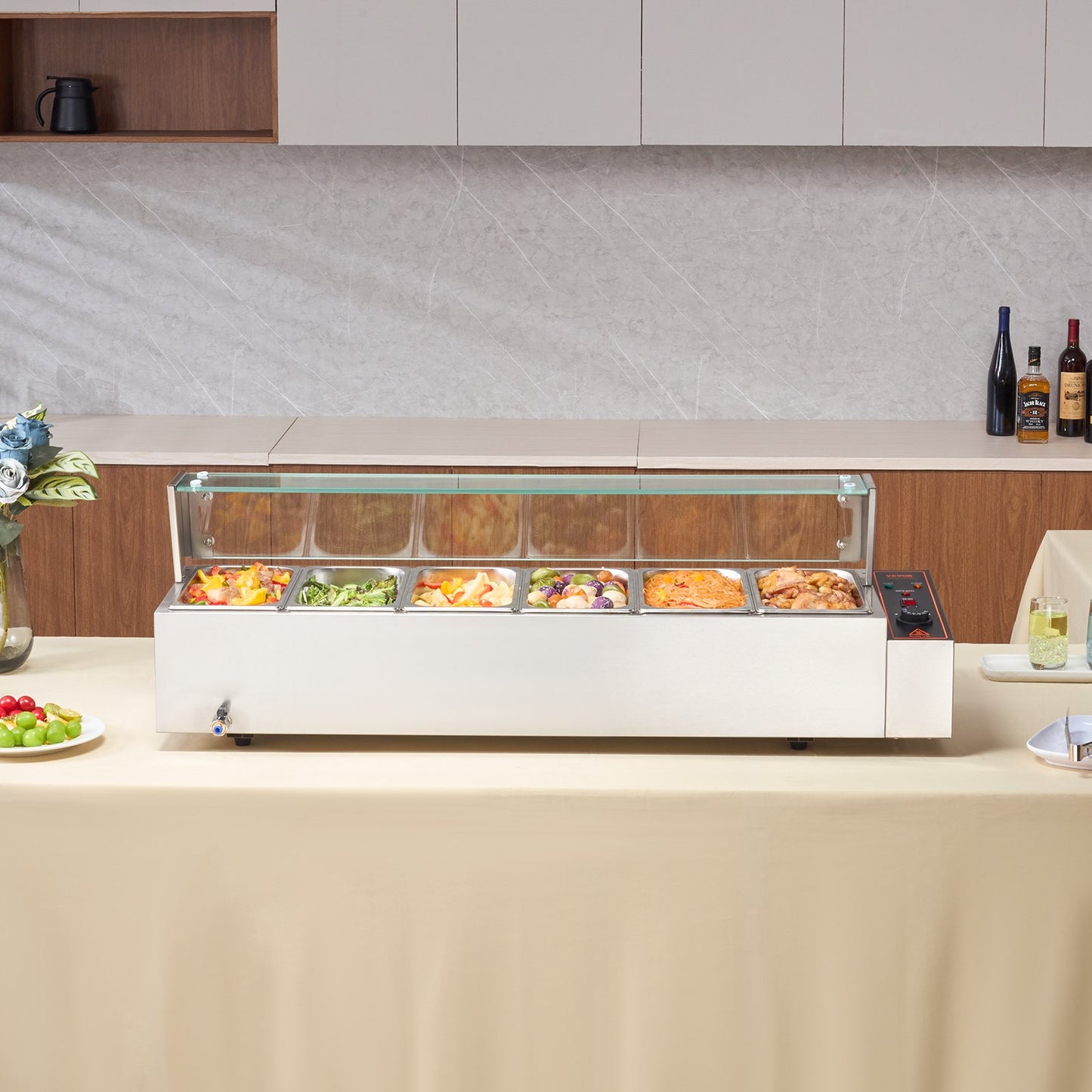 Commercial Electric Food Warmer Countertop Buffet 6*5Qt with Glass Shield V952-SYSPBWQ613FSC97P0V3