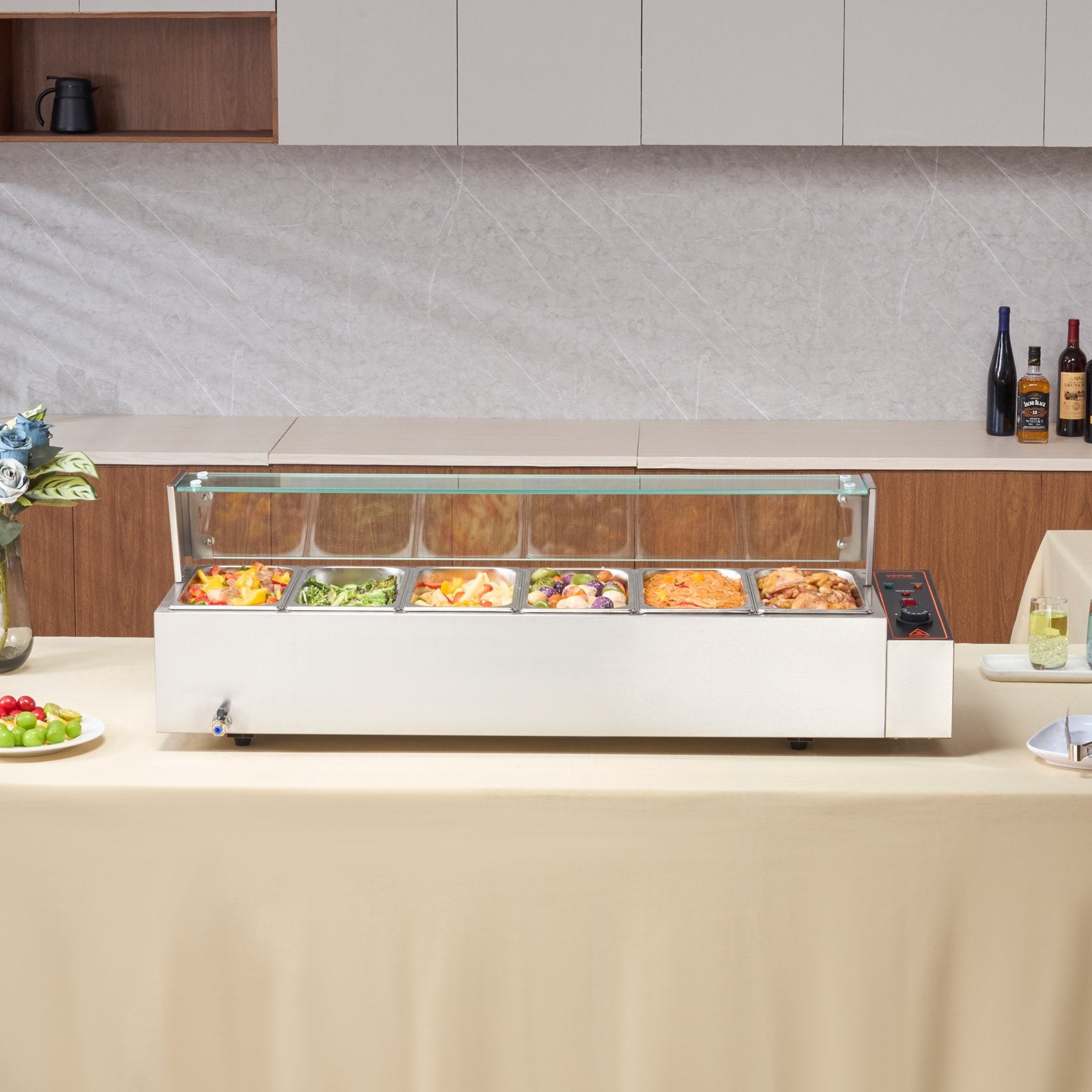 Commercial Electric Food Warmer Countertop Buffet 6*5Qt with Glass Shield V952-SYSPBWQ613FSC97P0V3