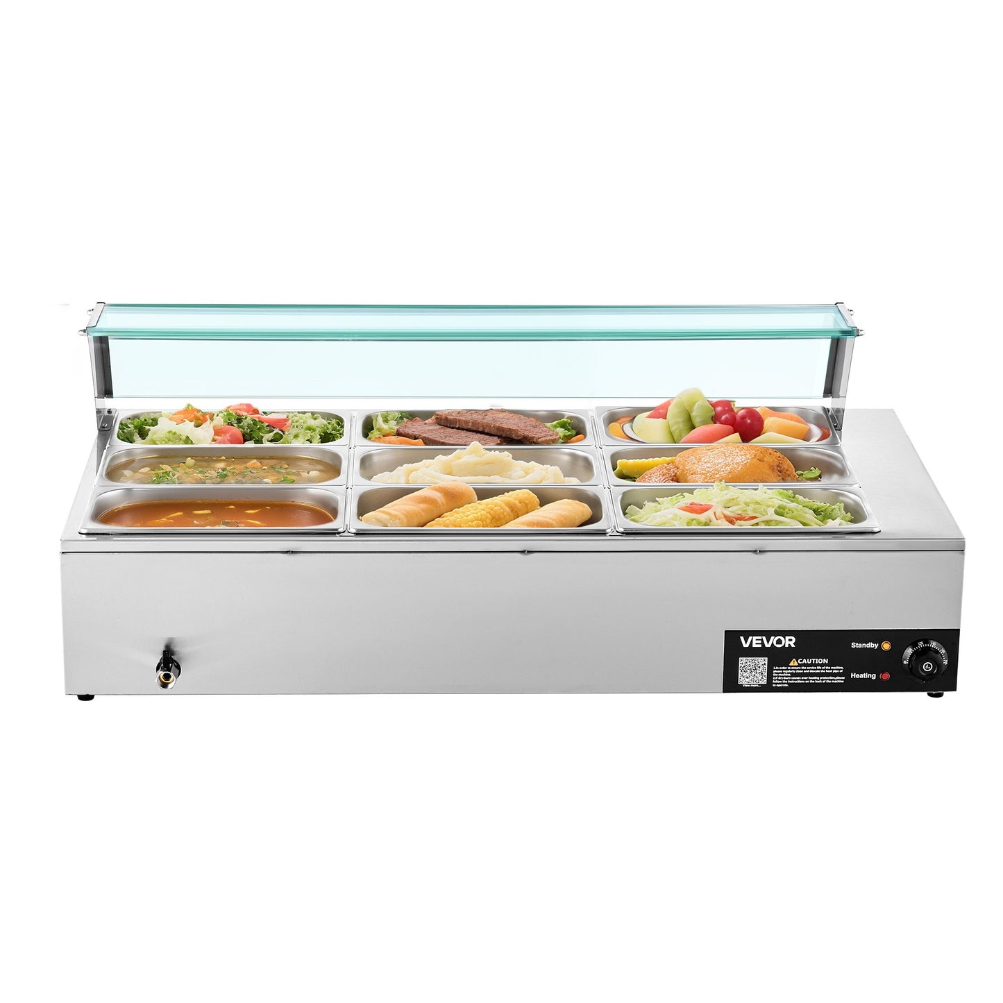 Commercial Food Warmer, 1500W Electric Stainless Steel Steam Food Warmer with Glass Cover, 9-Pan Countertop V952-SYSPBWQ913FS5WYYO002V3