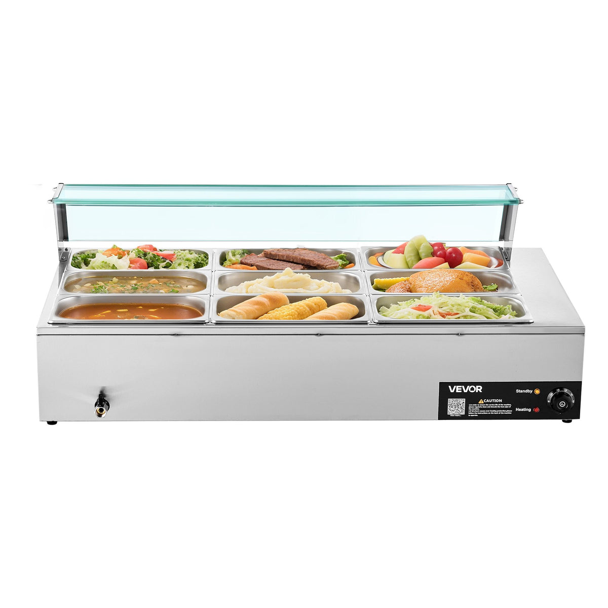 Commercial Food Warmer, 1500W Electric Stainless Steel Steam Food Warmer with Glass Cover, 9-Pan Countertop V952-SYSPBWQ913FS5WYYO002V3