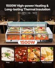 Commercial Food Warmer, 1500W Electric Stainless Steel Steam Food Warmer with Glass Cover, 9-Pan Countertop V952-SYSPBWQ913FS5WYYO002V3