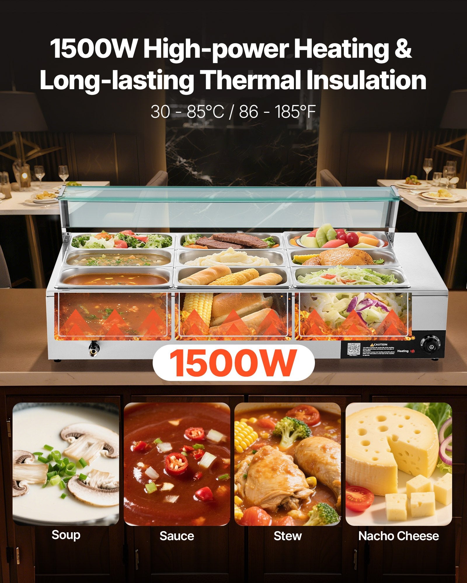 Commercial Food Warmer, 1500W Electric Stainless Steel Steam Food Warmer with Glass Cover, 9-Pan Countertop V952-SYSPBWQ913FS5WYYO002V3