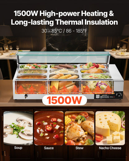 Commercial Food Warmer, 1500W Electric Stainless Steel Steam Food Warmer with Glass Cover, 9-Pan Countertop V952-SYSPBWQ913FS5WYYO002V3