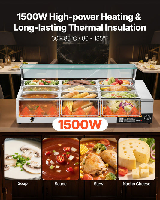 Commercial Food Warmer, 1500W Electric Stainless Steel Steam Food Warmer with Glass Cover, 9-Pan Countertop V952-SYSPBWQ913FS5WYYO002V3