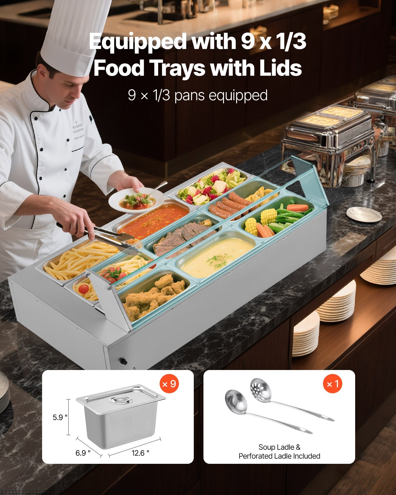 Commercial Food Warmer, 1500W Electric Stainless Steel Steam Food Warmer with Glass Cover, 9-Pan Countertop V952-SYSPBWQ913FS5WYYO002V3