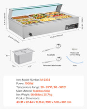 Commercial Food Warmer, 1500W Electric Stainless Steel Steam Food Warmer with Glass Cover, 9-Pan Countertop V952-SYSPBWQ913FS5WYYO002V3