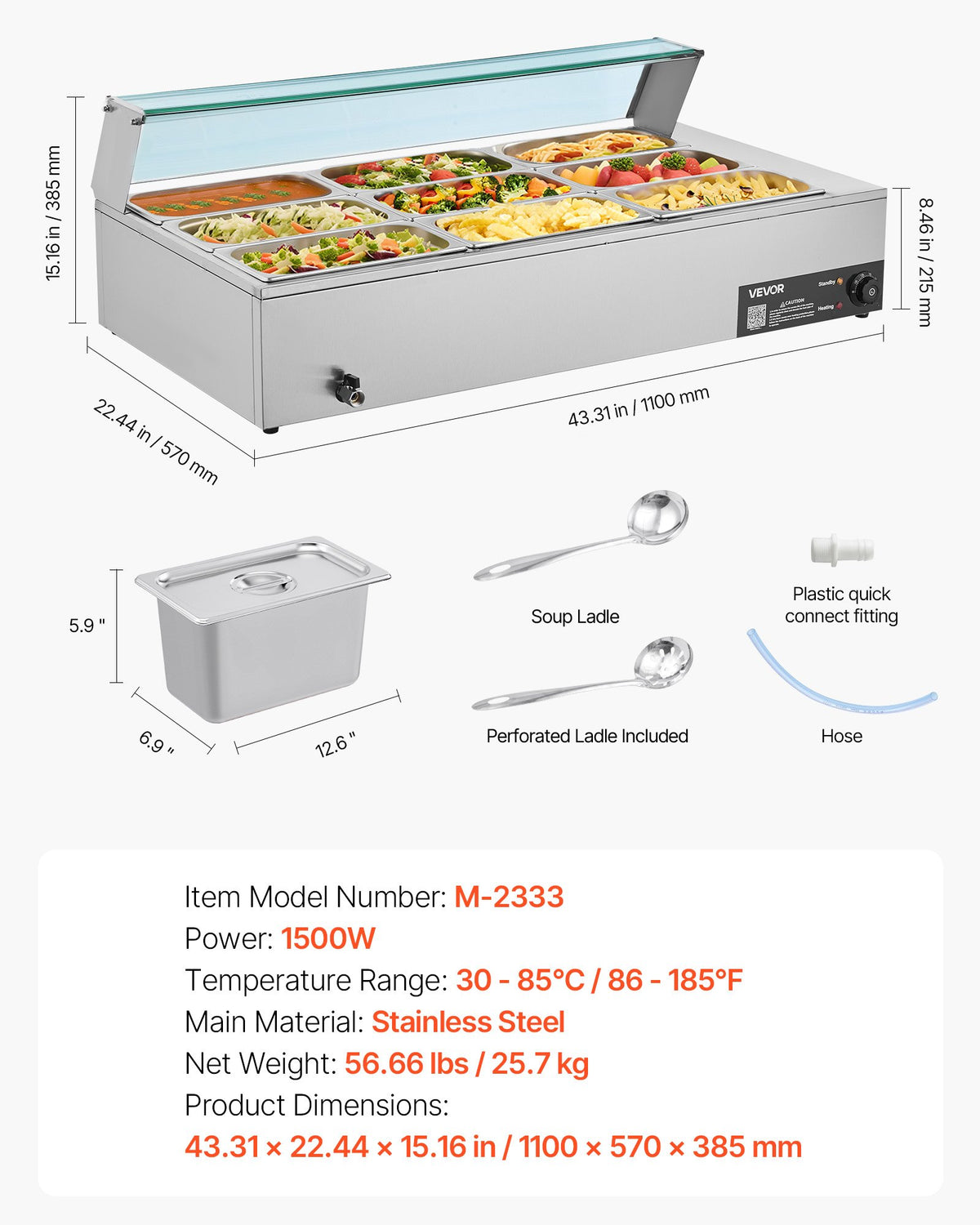 Commercial Food Warmer, 1500W Electric Stainless Steel Steam Food Warmer with Glass Cover, 9-Pan Countertop V952-SYSPBWQ913FS5WYYO002V3