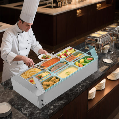 Commercial Food Warmer, 1500W Electric Stainless Steel Steam Food Warmer with Glass Cover, 9-Pan Countertop V952-SYSPBWQ913FS5WYYO002V3