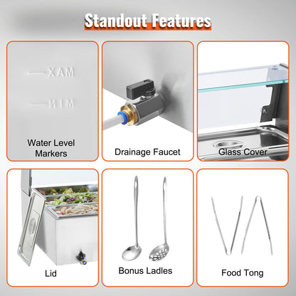 Commercial Electric Food Warmer Countertop Buffet 9*5Qt with Glass Shield V952-SYSPBWQ913FS5WYYOV3